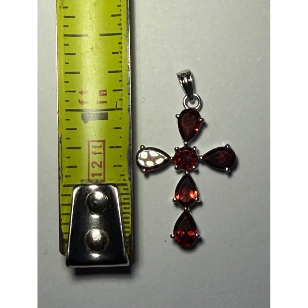 Sterling Silver 925 Red Garnet Cross Pendant Pear Cut Stones Religious Jewelry